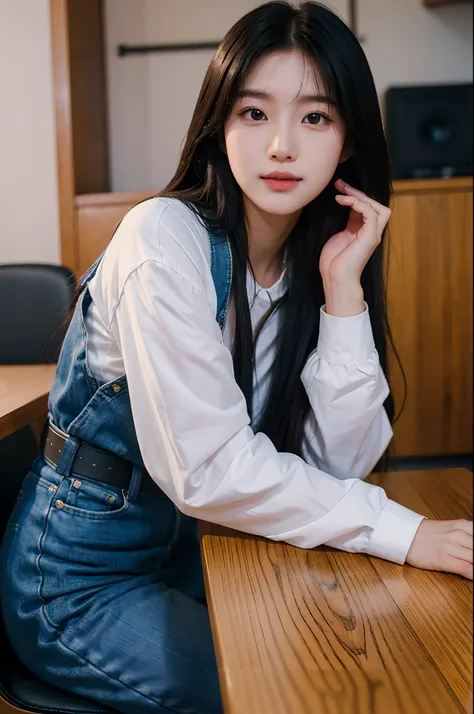 there is a woman with long hair sitting at a table, wan adorable korean face, shot on nikon z9, young adorable korean face, portrait of female korean idol, she has a cute expressive face, young cute wan asian face, captured on canon eos r 6, she has a cute...