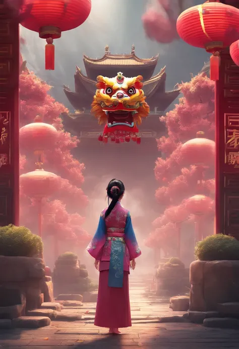 China-style，Lion dance girl，highly detailed surreal vfx，Smudge，Faraway view，super-fine，ultra - detailed，high qulity，8K ，oc rendered，dynamic viewing angle