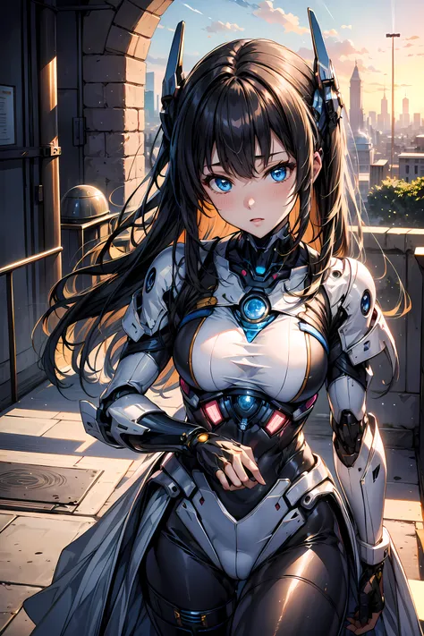 Cyborg girl、mecha musume、Beam from the eye towards the Arc de Triomphe from the sky、