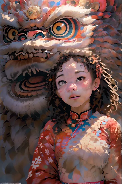 China-style，Lion dance girl，highly detailed surreal vfx，Smudge，Faraway view，super-fine，ultra - detailed，high qulity，8K ，oc rendered，dynamic viewing angle