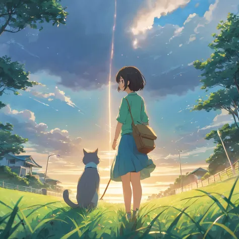 (a gloomy:1.5), Infinite Green [lawn:1.3], natural landscape:1.2], strong craving, Girl with glasses,Youth love, Every expression is gentle, A smile,Accompanied by a cute cat. The combination of beauty and honesty，Streaming Tears，sun shining、The lawn is sp...