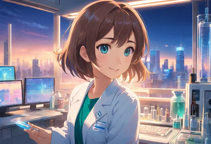 1 girl, female, scientist, physics, wearing laboratory coat, miniskirt, beautiful detailed eyes and lips, smile, holding a test tube, standing in a high-tech laboratory, surrounded by futuristic equipment and holographic displays, with a breathtaking view ...