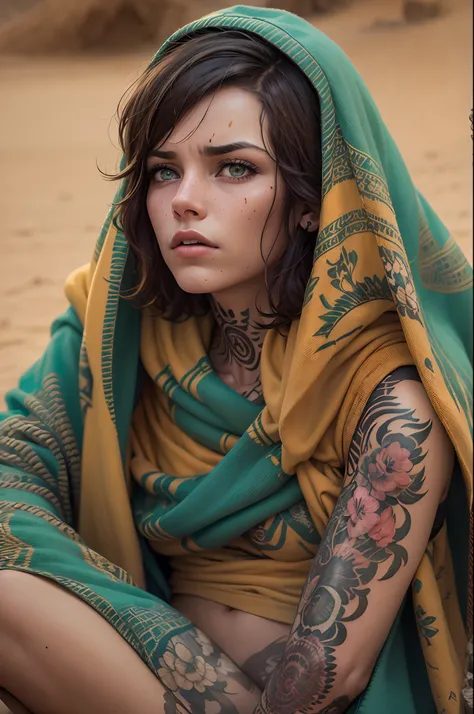 in a desert，A defeated woman，Short brown hair，Blue pupils，Earthy yellow hood，spread their legs，The whole body is covered with tattoos