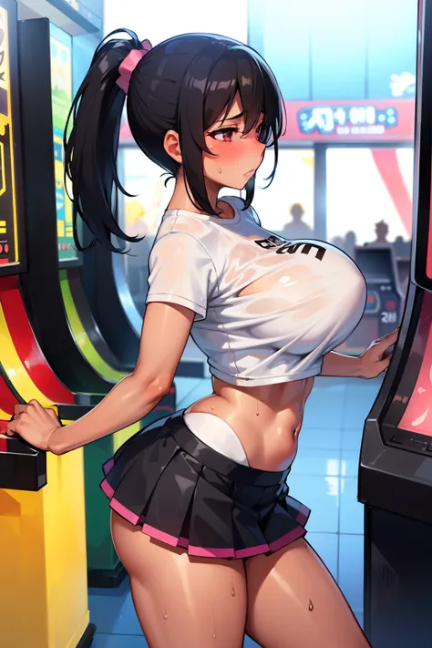 hot, sweating, sweaty, slight tan, big boobs, tan skin, black hair, ponytail, flustered, blush, in arcade, playing arcade games, playing dancing game, dancing, arcade, at the arcade, skirt, casual wear