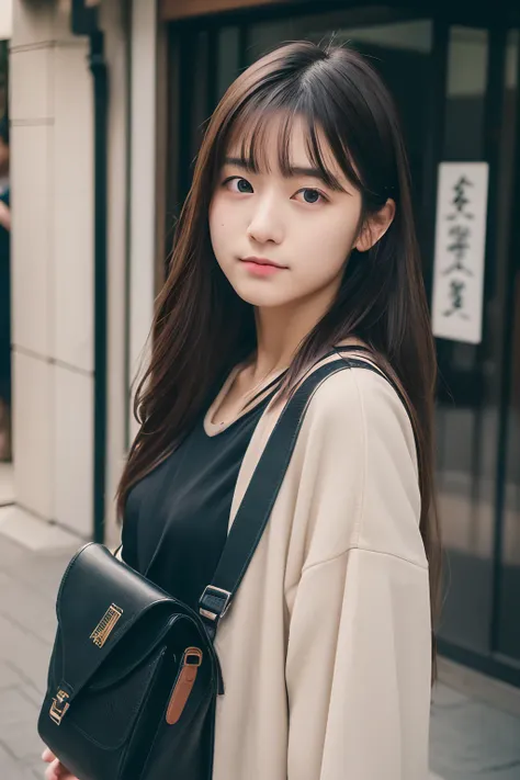 (8K、Raw photography、top-quality、​masterpiece:1.2)、21-years old、japanes、1 girl in、Casual Fashion、A detailed face、A detailed eye、Detailed mouth、nogizaka、Standing in front of the sign、Carrying a backpack