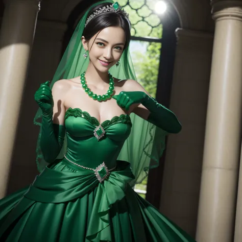 emerald tiara, Green Pearl Necklace, Boyish very short black hair, lipsticks, Japan woman smiling, very short short hair, big breasts beautiful, Green eyes, Long green gloves made of satin material, Green eyes, Emerald Earrings