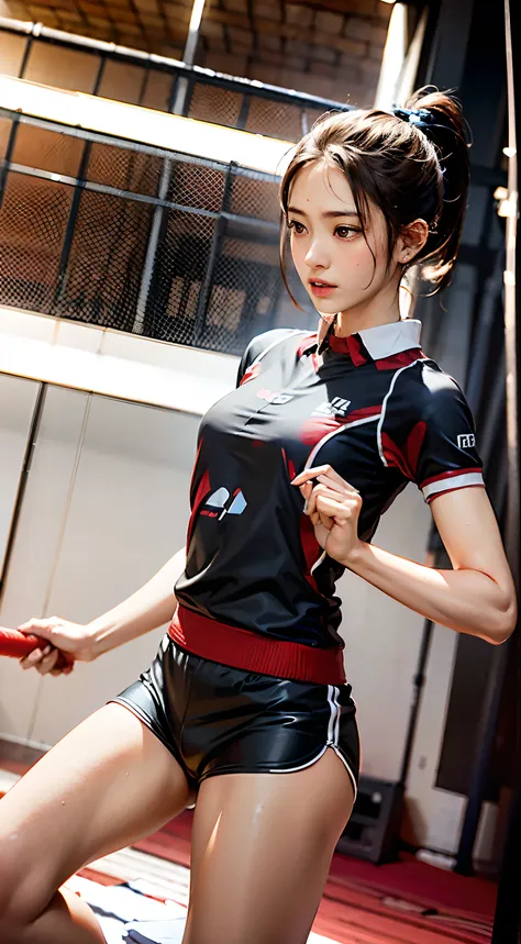 realisticlying、17 years old girl、In the midst of fierce competition, Girl has black ponytail hairstyle, Focused expressions，Look ahead and up，Sweat on the forehead，Red short-sleeved black shorts, Badminton player、Red super fitting badminton suit、Wear badmi...