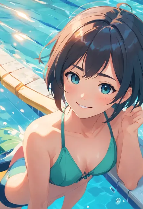 (best quality,highres,ultra-detailed),1 girl, beautiful detailed eyes, beautiful detailed lips, smile, sexy, swimmer [swimming suit], swimming pool