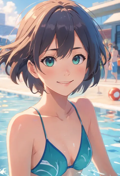 (best quality,highres,ultra-detailed),1 girl, beautiful detailed eyes, beautiful detailed lips, smile, sexy, swimmer [swimming suit], swimming pool