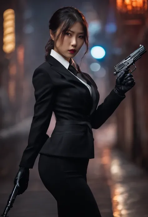 A Japanese girl in a black suit holding a gun with both hands in black leather gloves