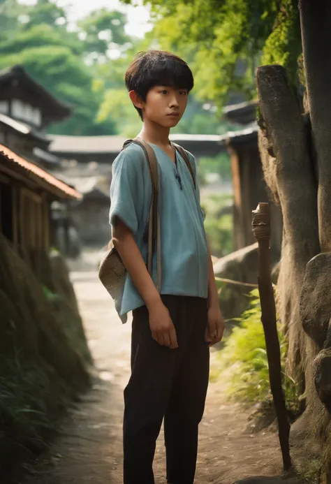 an Japanese boy, 15 years old, a village background, looking straight