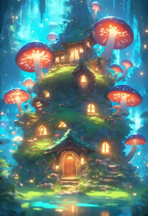 masterpiece, best quality, (extremely detailed CG unity 8k wallpaper), (best quality), (best illustration), (best shadow), A mushroom house covered with moss，timbo，creek，firefly，clover，wtarlight surrounds the room，petal, isometric 3D, octane render,ray tra...