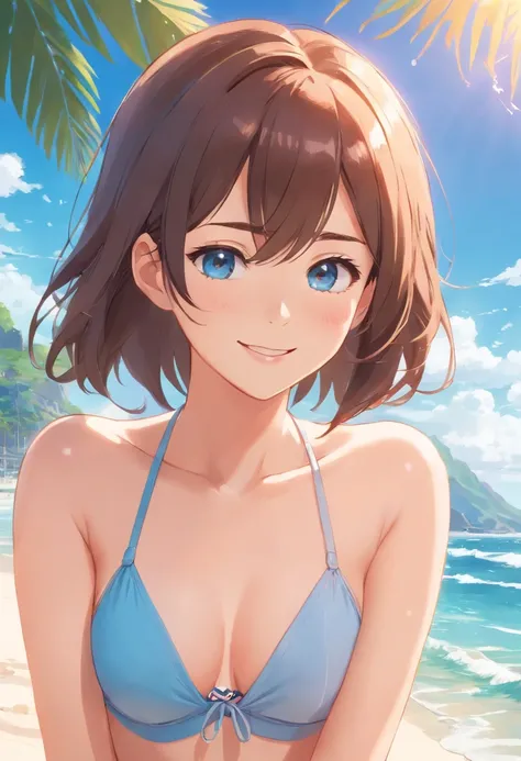 highres, ultra-detailed, 1 girl, beautiful detailed eyes, beautiful detailed lips, smile, sexy, swimmer, swimming suit, beach, seaside, sunshine, clear blue sky, sparkling ocean waves, white sand, palm trees, summer breeze, vibrant colors, glowing sunlight...