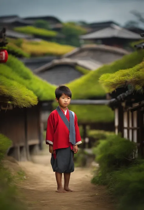 an Japanese boy, 10 years old, a village background, looking straight