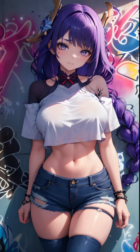 Kujou Sara Genshin Effect, masterpiece, bestquality, 1girls, bara, crop top, shorts jeans, choker, (Graffiti:1.5), color splashes, arm behind back, against wall, looking at the audience, bracelet, Thigh strap, Head tilt, bored, multicolored hair, water eye...