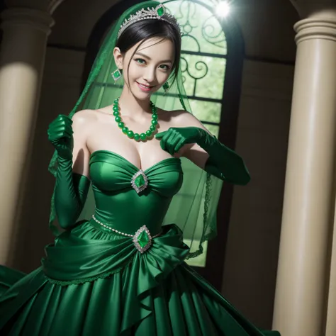 emerald tiara, Green Pearl Necklace, Boyish very short black hair, lipsticks, Japan woman smiling, very short short hair, big breasts beautiful, Green eyes, Long green gloves made of satin material, Green eyes, Emerald Erin