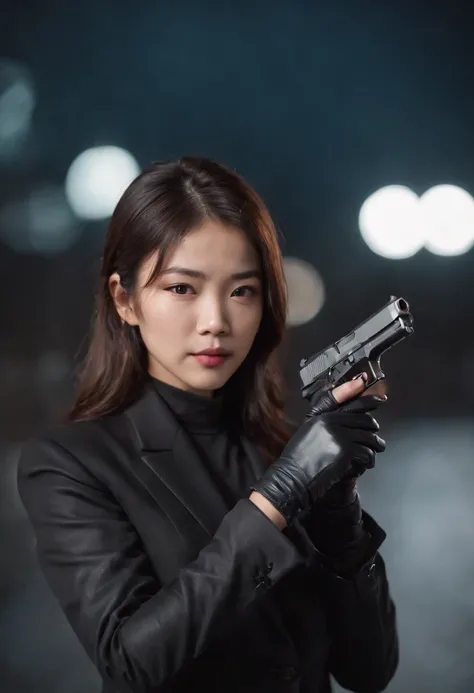 A Japanese girl in a black suit holding a gun with both hands in black leather gloves