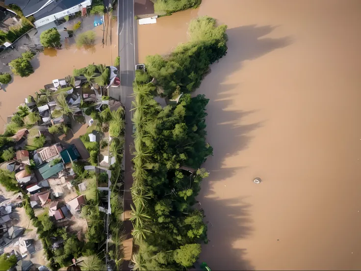 aerial view of a flooded street with a house and a car, top down photo, overhead shot, top-down shot, subsiding floodwaters, top - down photograph, shot from above, top down shot, perspective shot from the sky, aerial view top down, shot from a drone, floo...