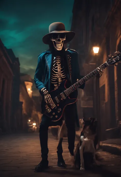 skeleton in sunglasses playing electric guitar, Ao fundo, A shadowy city with low lights and vampire dogs