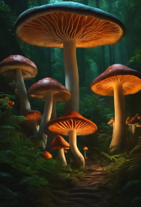 large mushrooms，cogumelo trippy，Mushroom forest，Fantastic effect，Rainforest woods，a plant，(Masterpiece, Best quality), Intricate details, 8K, art  stations, offcial art, Splash Art, Sharp focus,The colors are intense，Dont want a house，