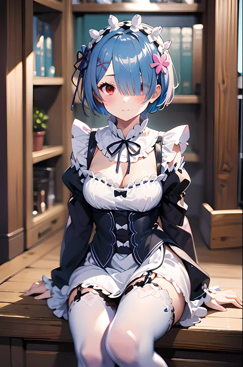 masterpiece, best quality, a high resolution, ram1, 1girll, solo, rem \(re:zero\), blue hair, white thighhighs, short hair, red ...