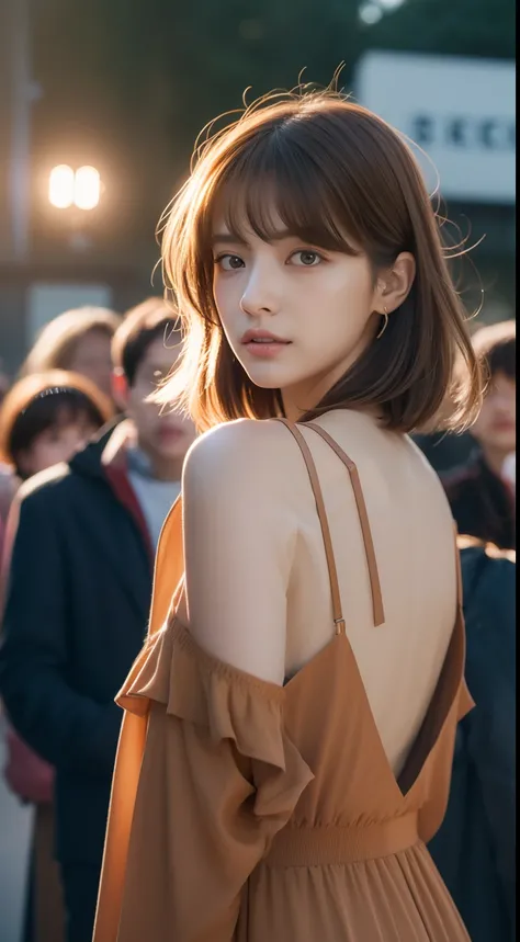 The 8k quality、Top image quality、超A high resolution、​masterpiece、Photorealsitic、1 girl in、tense look、Trendy makeup、Shaggy cut、Light brown hair、gradation hair、Trendy Tight Dresses、ciinematic light、The protagonist、the chaos、Super Slender、Do not wear underwea...