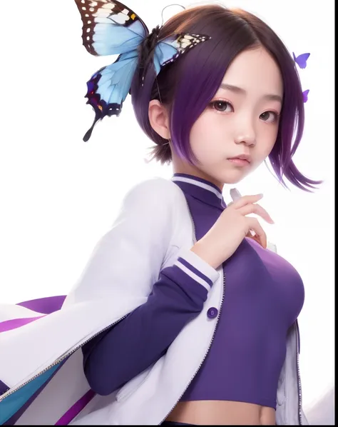 1girl, solo, Shinobu kocho, purple eyes, white jacket, purple clothes, Butterfly Accessories,