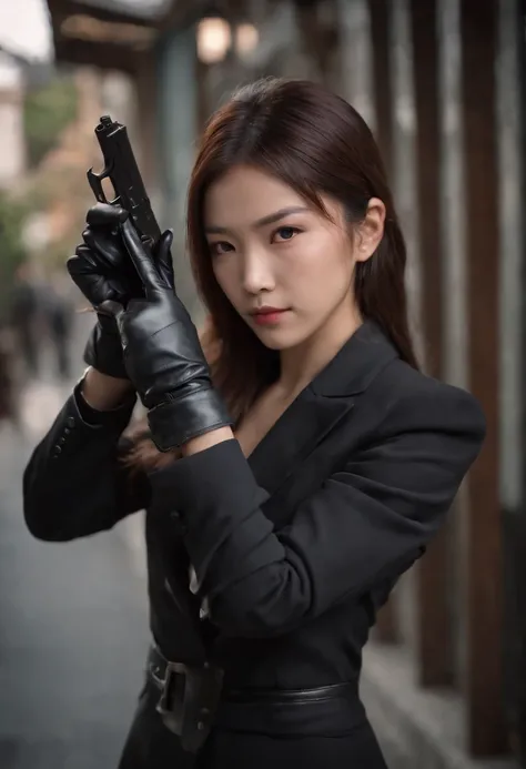 A Japanese girl in a black suit holding a gun with both hands in black leather gloves