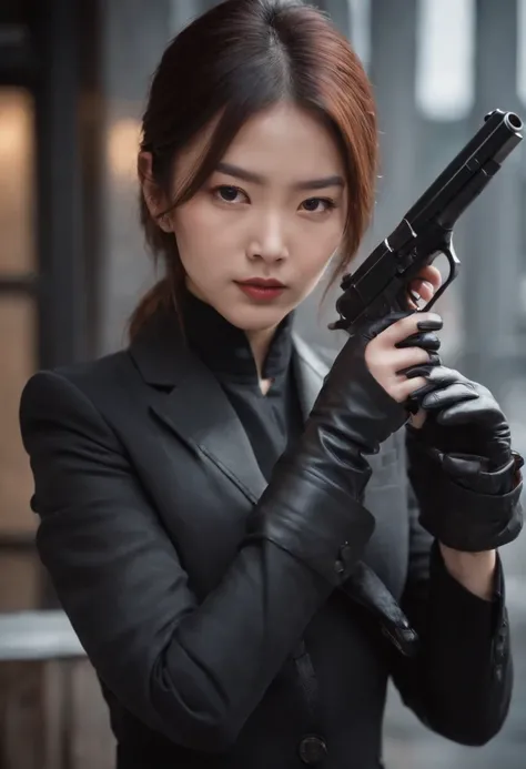 A Japanese girl in a black suit holding a gun with both hands in black leather gloves