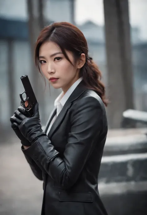 A Japanese girl in a black suit holding a gun with both hands in black leather gloves