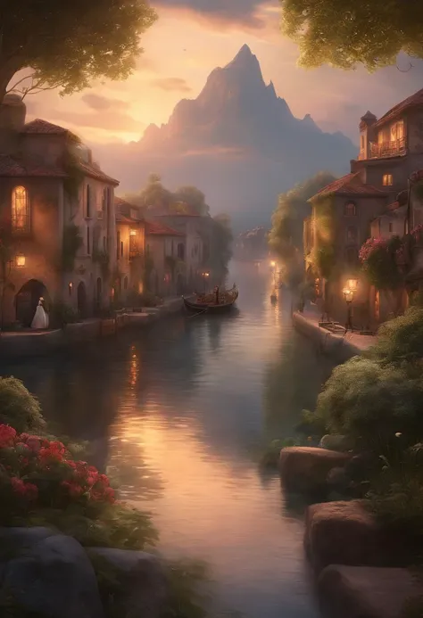 landscape,Beautiful detailed character design,Scenic sky and clouds,Dreamy atmosphere,Natural flowing water,Charming city lights,emotive storytelling,soft and muted colors,Ethereal tones,and a mesmerizing background soundtrack