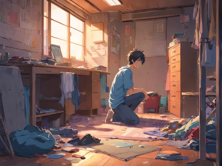 (japanes:1.2),Detailed drawing of a man behind in dirty and damaged bad clothes, Messy youth room, darkened room.weakened face