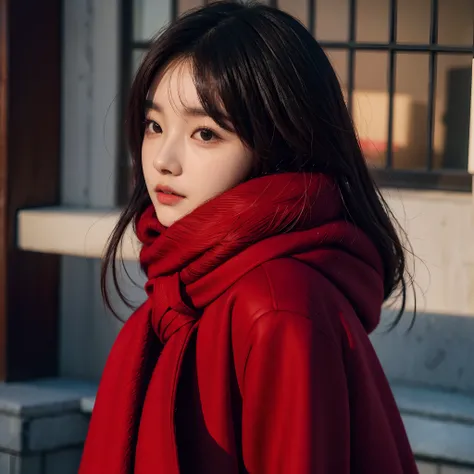 there is a woman with a red coat and a red scarf, jinyoung shin, heonhwa choe, janice sung, sha xi, wan adorable korean face, jaeyeon nam, chiho, headshot profile picture, sun yunjoo, ulzzang, lee ji - eun, lee ji-eun, she has a cute face