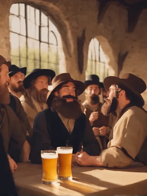 A group of bearded and mustachioed men in medieval Europe drinking beer in a tavern, long shot, 8k resolution , masterpiece