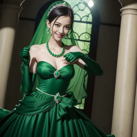 emerald tiara, Green Pearl Necklace, Boyish very short black hair, lipsticks, Japan woman smiling, very short short hair, big breasts beautiful, Green eyes, Long green gloves made of satin material, Green eyes, Emerald Earrings, The tattoo