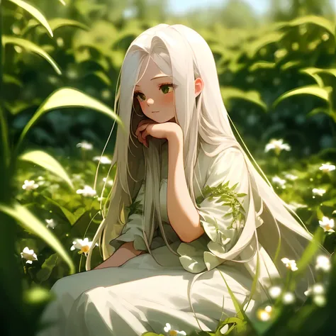 (masterpiece, best quality),1girl with long white hair sitting in a field of green plants and flowers, her hand under her chin, warm lighting, white dress, blurry foreground