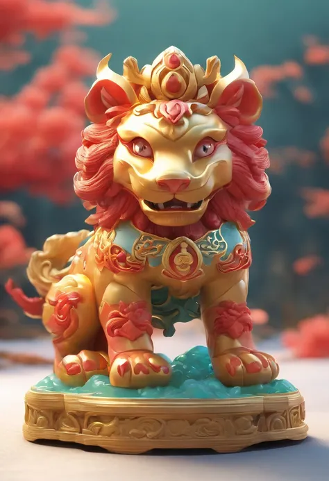 A cute cartoon IP, Blind box style, Chinese mythology Rui beast Pixiu, Shaped like a lion, Dragon Head, Horse body, Foot of the forest, Surrounded by auspicious Chinese clouds, solid color backdrop, Rich colors, Whole body, delicate picture quality, Lookin...