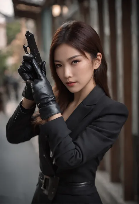 A Japanese girl in a black suit holding a gun with both hands in black leather gloves