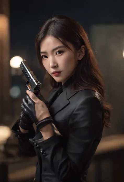 A Japanese girl in a black suit holding a gun with both hands in black leather gloves