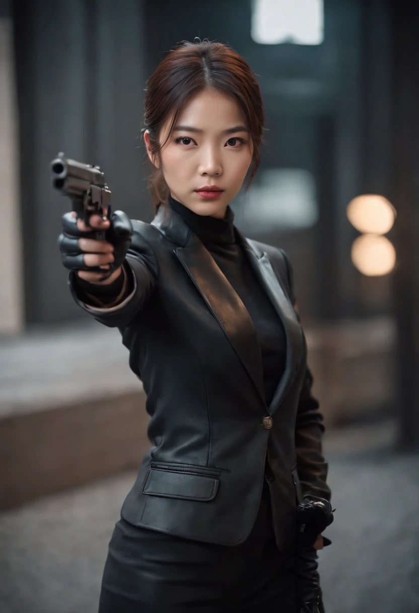 A Japanese girl in a black suit holding a gun with both hands in black leather gloves