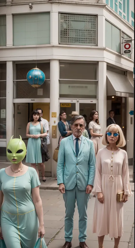 8k portrait of a 1960s science fiction film by Wes Anderson, em 1960, pastels colors, There are people wearing weird futuristic masks and wearing extravagant retro fashion outfits and men and women wearing alien makeup and old ornaments with mechanical pet...