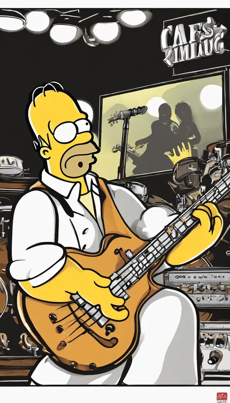 cafe shop，The Simpsons，Homer Simpson plays bass，homer simpson，dramatic lights，Dramatic colors，On stage，One guy，Play bass，The whole body of the character