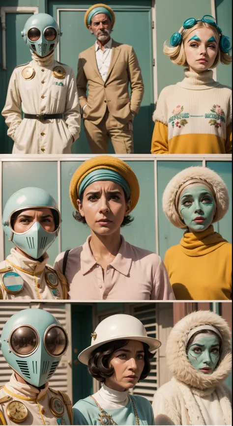 8k portrait of a 1960s science fiction film by Wes Anderson, em 1960, pastels colors, There are people wearing weird futuristic masks and wearing extravagant retro fashion outfits and men and women wearing alien makeup and old ornaments with mechanical pet...