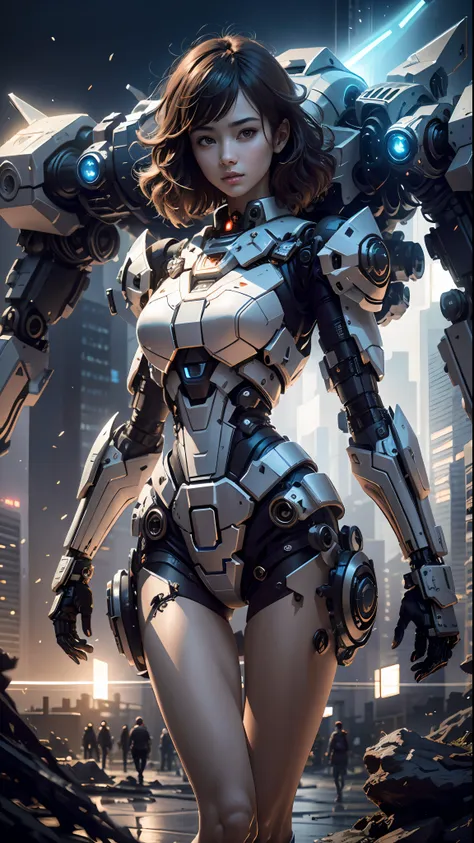 ((best quality)), ((masterpiece)), (very detailed:1.3), 3d, shitu-mecha, beautiful cyberpunk woman with her pink mech in the rui...