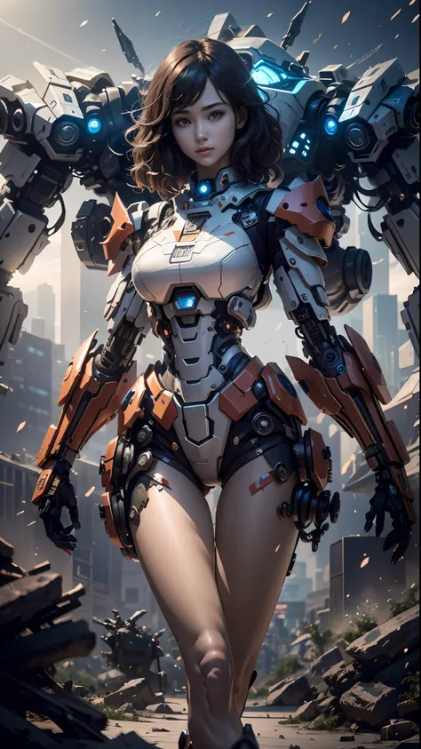 ((best quality)), ((masterpiece)), (very detailed:1.3), 3d, shitu-mecha, beautiful cyberpunk woman with her pink mech in the rui...