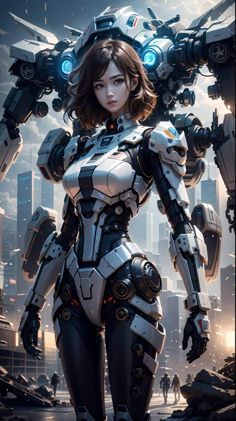 ((Best Quality)), ((Masterpiece)), (Very Detailed:1.3), 3D, Shitu-mecha, Beautiful cyberpunk woman with her pink mech in the ruins of a city in the forgotten war, Ancient technology, HDR (High Dynamic Range), ray tracing, NVIDIA RTX, super resolution, unre...