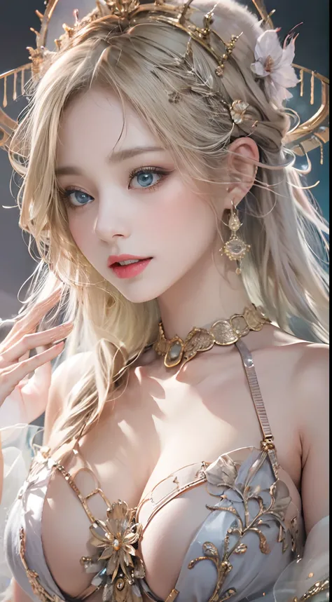 （best qualtiy）， （（tmasterpiece））， 1个Giant Breast Girl，（独奏），portrait of a full body， Delicate face， looking at viewert， solid eyes， exposed bare shoulders，Exquisite hands， Um ser celestial， light particules， The halo，mare， Full of energy， Colorful colors， （...