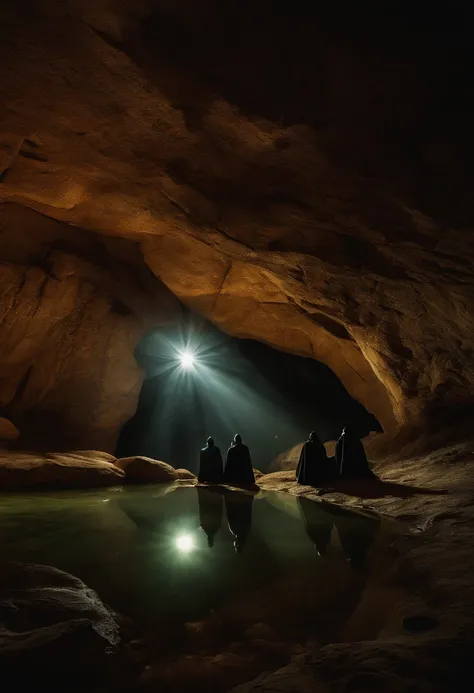 Three men wore black robes covering their faces, in front of the cave, night, light reflection