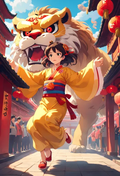 China-style，Lion dance girl，highly detailed surreal vfx，Smudge，Faraway view，super-fine，ultra - detailed，high qulity，8K ，oc rendered，dynamic viewing angle