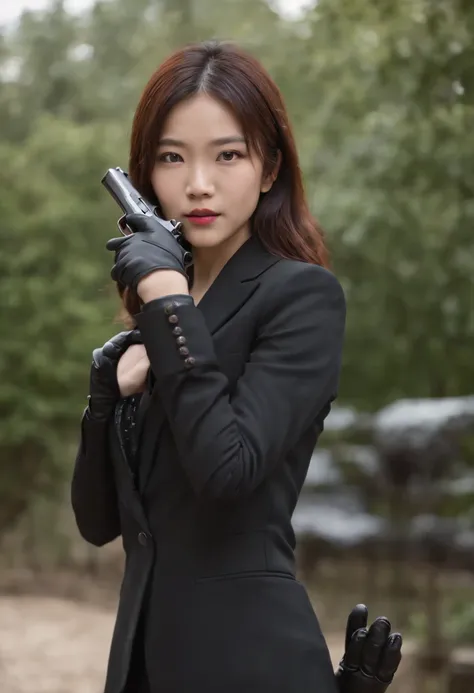 A Japanese girl in a black suit holding a gun with both hands with black leather gloves